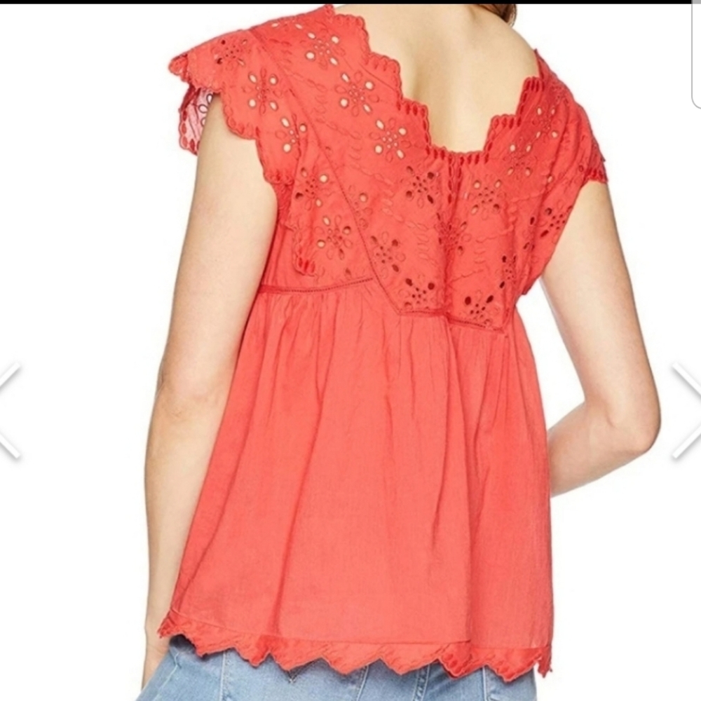 Lucky Brand Red Eyelet V-neck Peasant Blouse